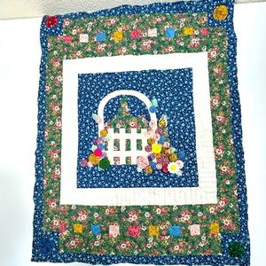 Cottagecore Flower Basket with Buttons Handmade Quilted Fabric Hanging Wall Art